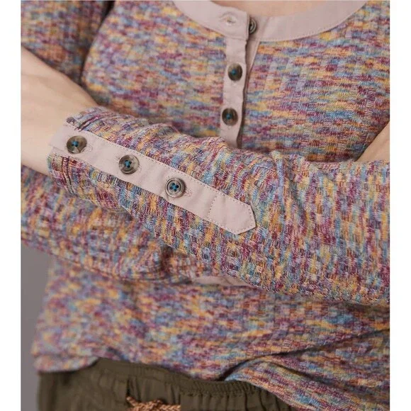 Anthropologie Top Women's Size Small Puff Sleeve Knit Henley‎ Top Space Dyed - Picture 3 of 8